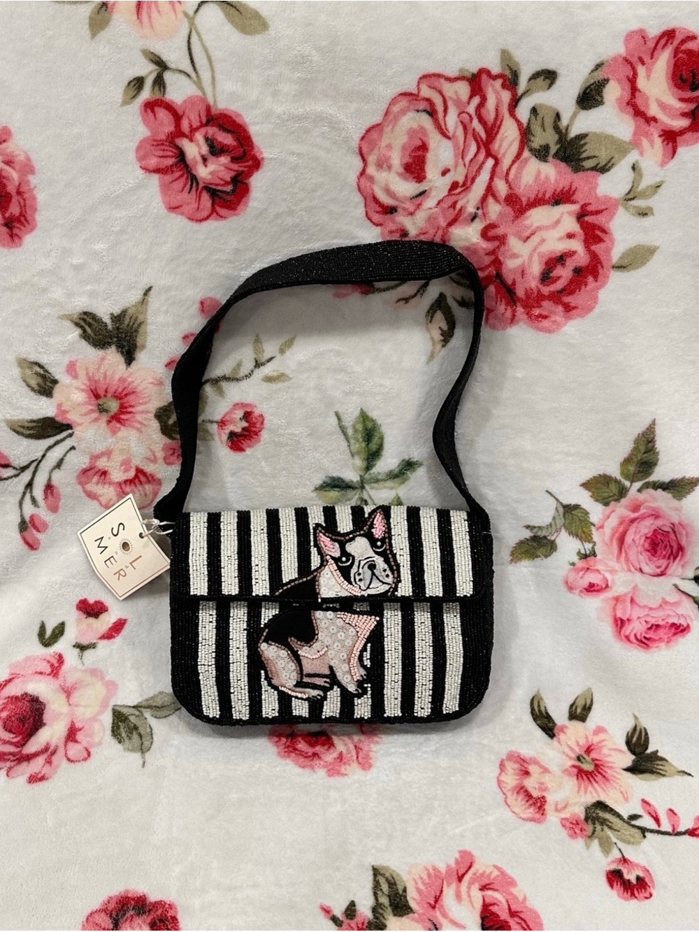Sol and Mer Beaded French Bulldog Striped Shoulder Bag
